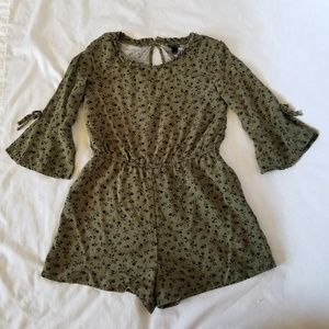 Long Bell sleeve romper | dark green floral